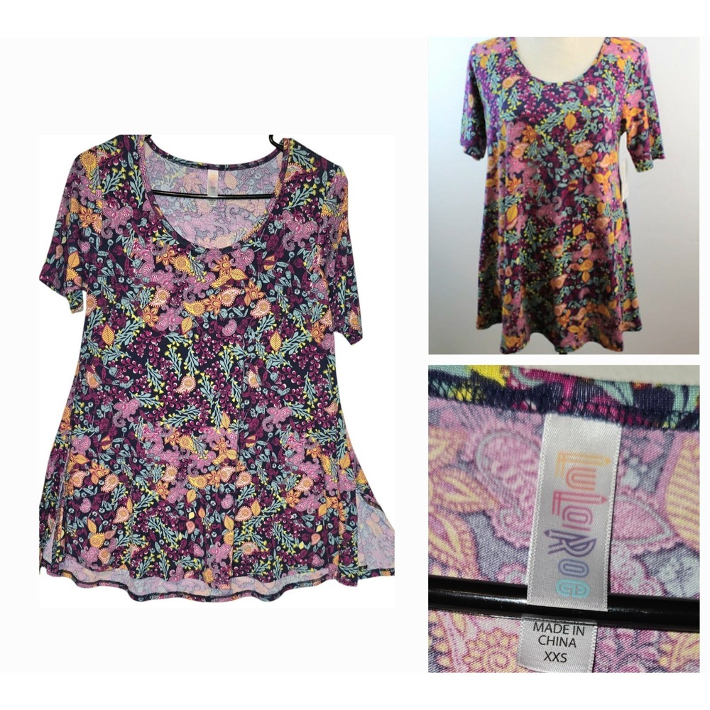 LuLaRoe Perfect Tee Tunic purple Size xxs Bright colorful Floral Print